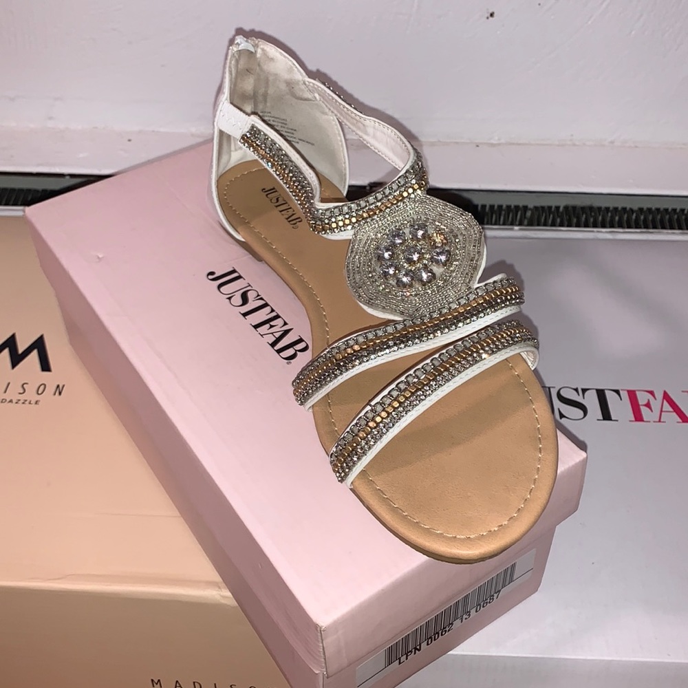 Slightly Worn Embroidered White and Gold Sandals